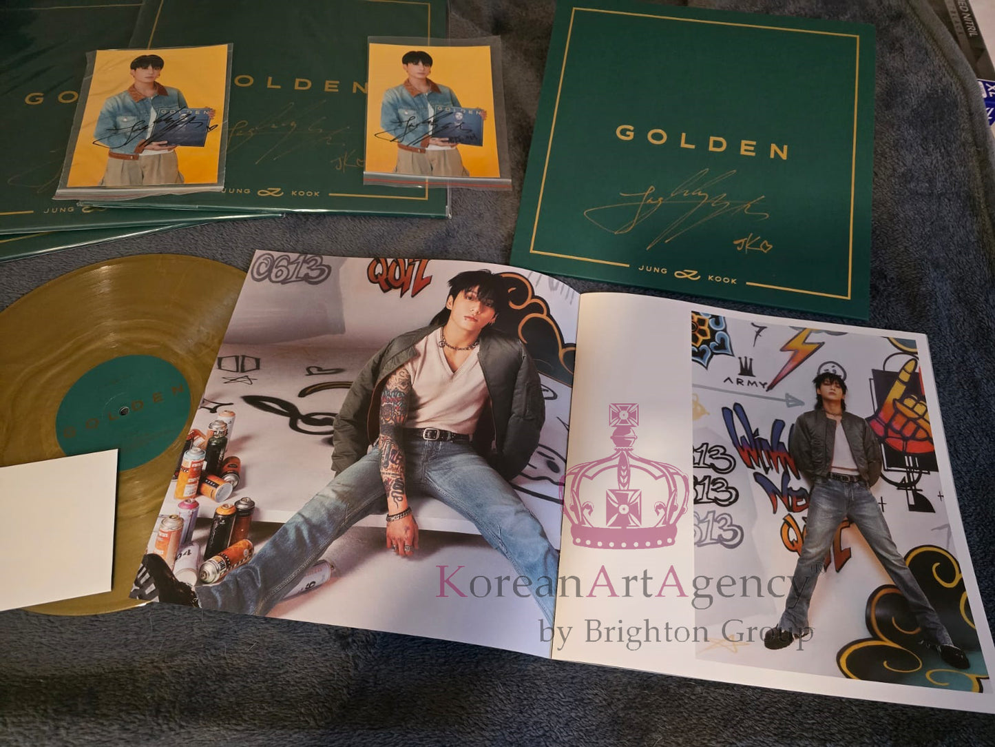 BTS Jungkook Golden Hand-Signed Autographed Album on Golden Record with Bonus Hand-signed Autograph photograph of Jungkook Rare and Limited