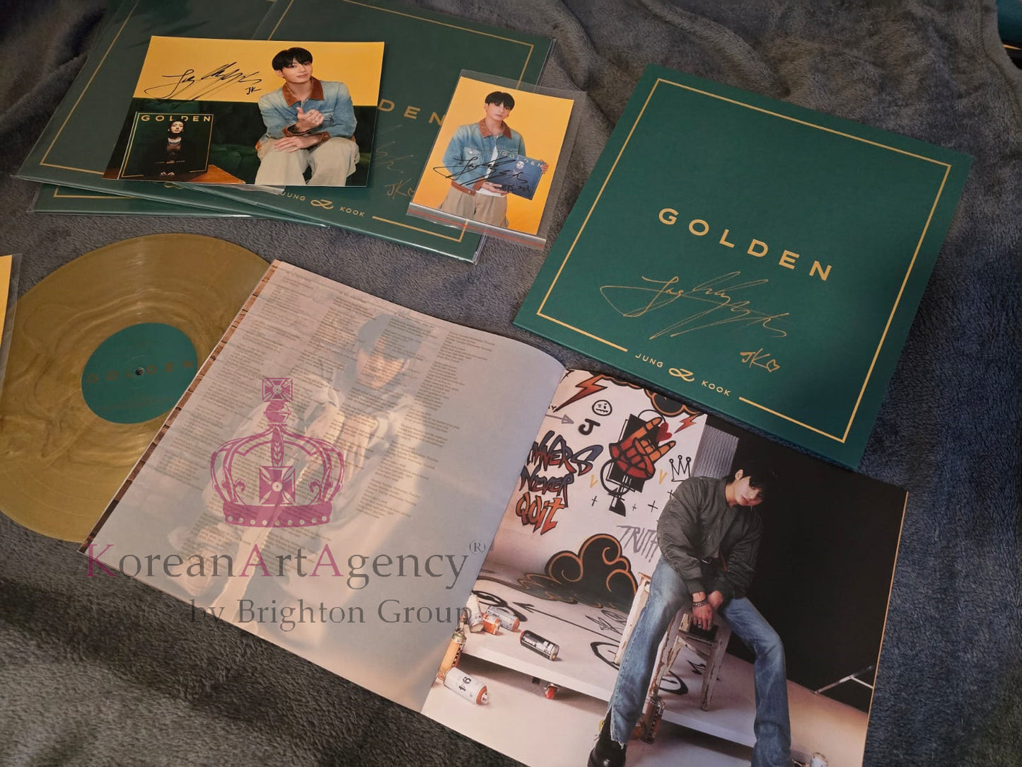 BTS Jungkook Golden Hand-Signed Autographed Album on Golden Record with Bonus Hand-signed Autograph photograph of Jungkook Rare and Limited