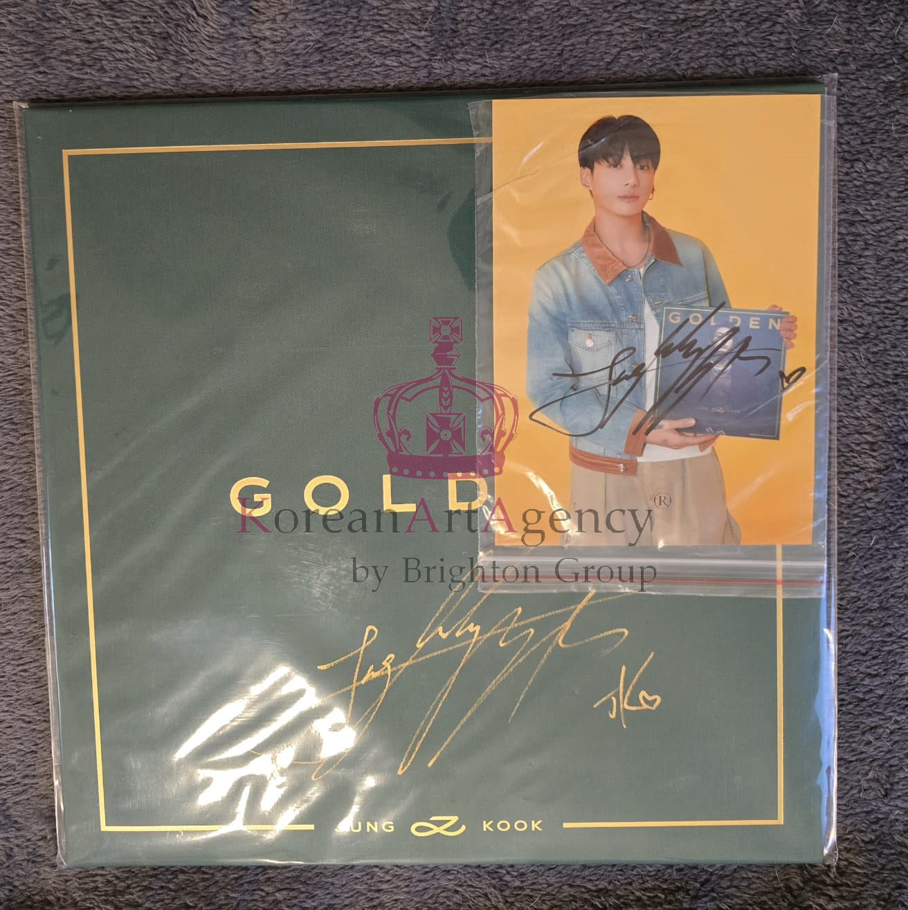 BTS Jungkook Golden Hand-Signed Autographed Album on Golden Record with Bonus Hand-signed Autograph photograph of Jungkook Rare and Limited